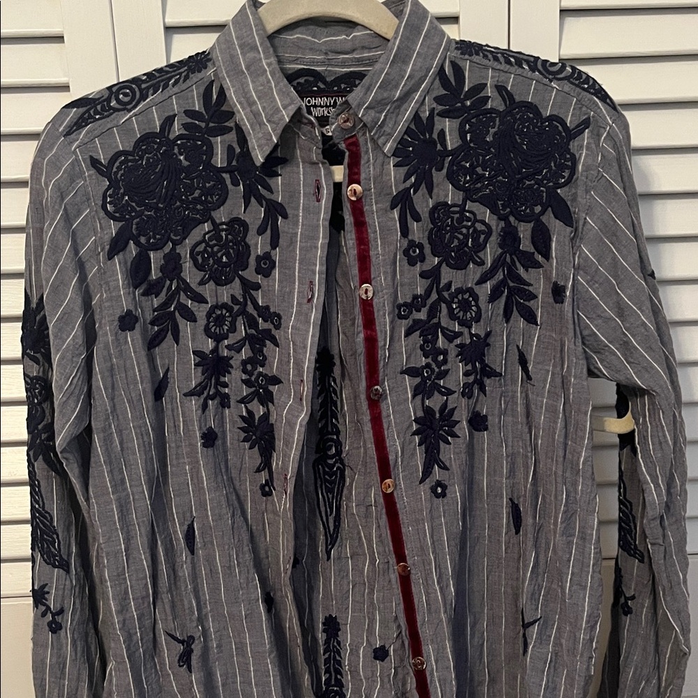 Johnny Was Gray and Navy Embroidered Shirt